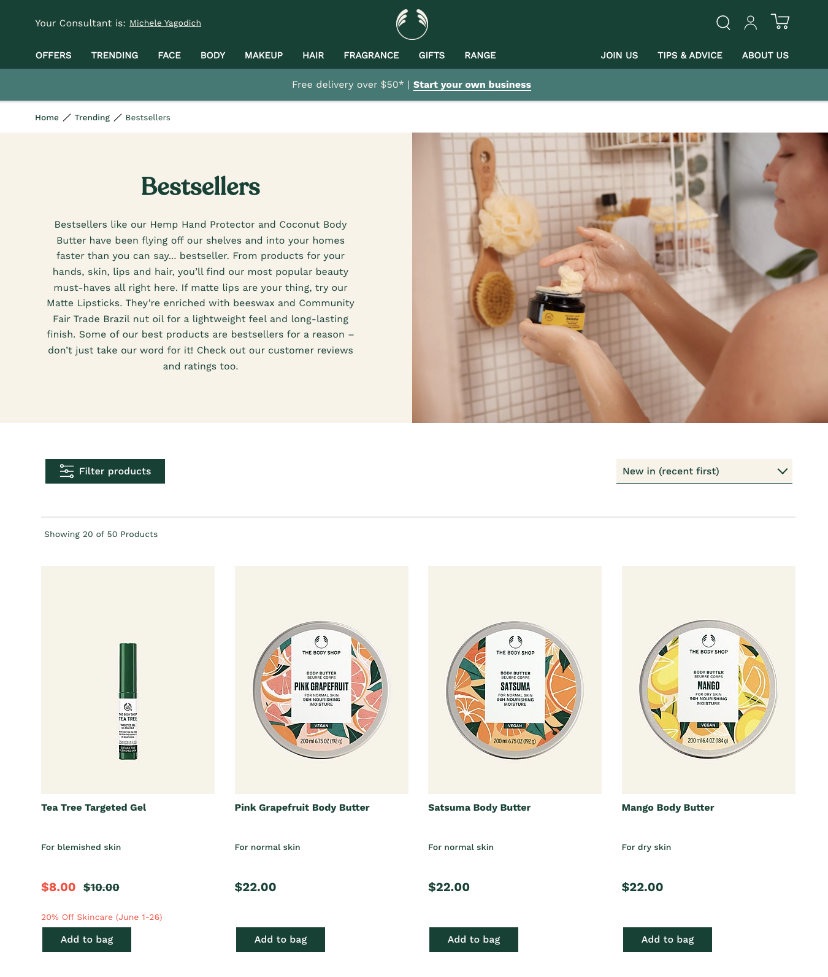 The Body Shop bestsellers product listing page
