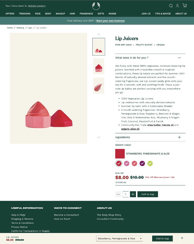 The Body Shop product detail page with ingredients and reviews