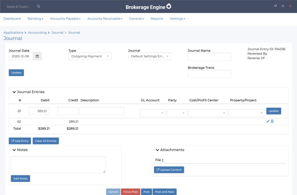 Brokerage Engine journal entry screens