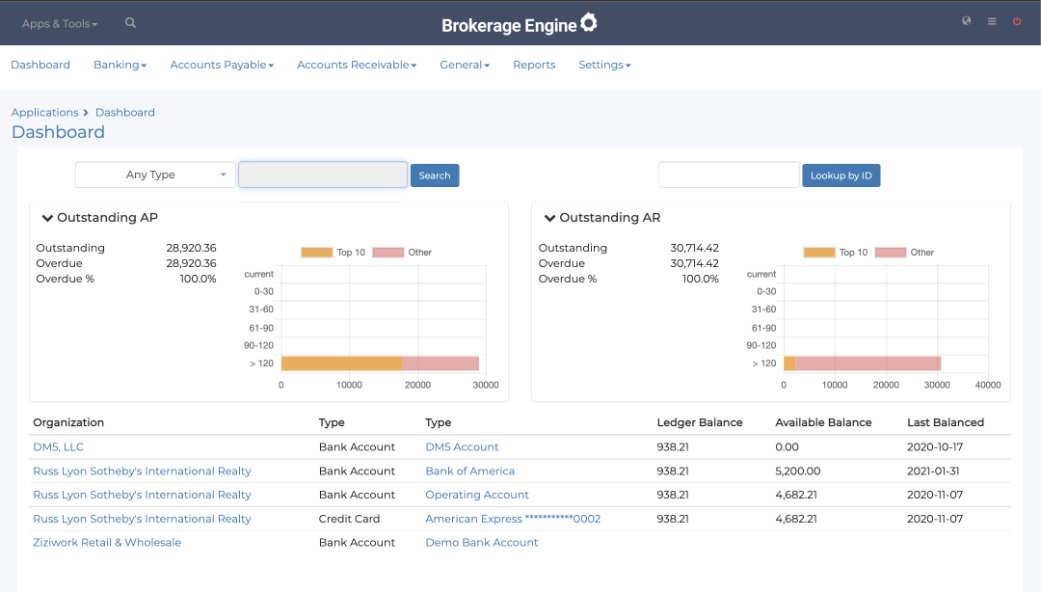 Brokerage Engine accounting dashboard with outstanding AP and AR