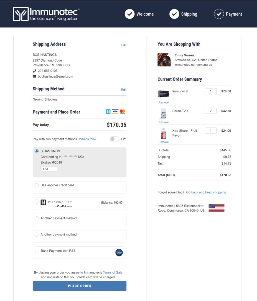 Immunotec checkout with shipping, payment and order summary