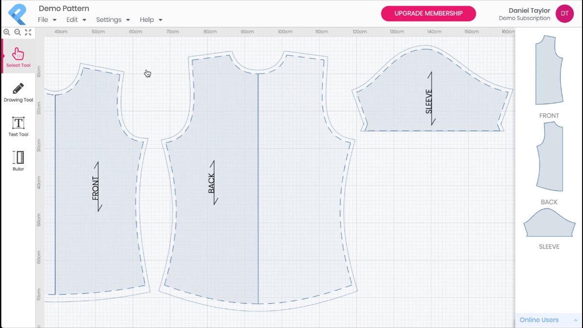 Patternade pattern drafting canvas with garment pieces