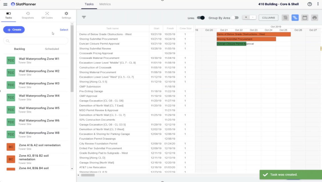 SlatPlanner desktop task board for a construction project